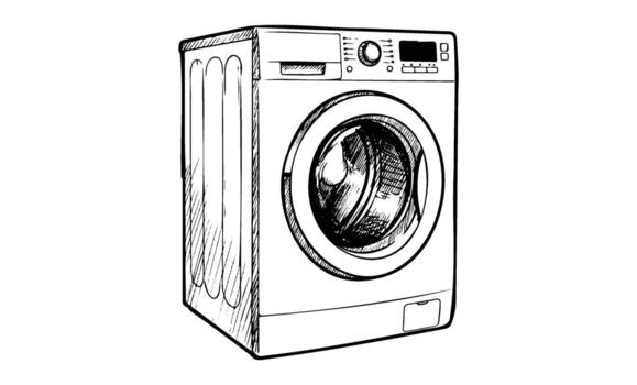 Black and white sketch of modern front-loading washing machine vector