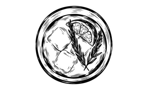 Black and white sketch of a refreshing drink with ice, lemon slice, and rosemary garnish vector