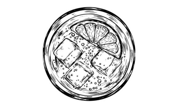 Top view of fizzy lemon drink with ice in glass vector