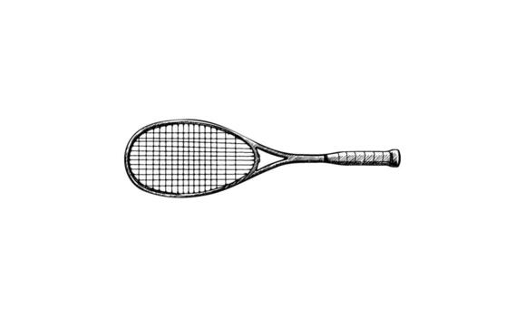 Hand-drawn tennis racket sketch with detailed strings and handle vector