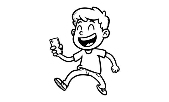 dibujos animados de contento niño utilizando teléfono inteligente mientras saltando en emoción vector