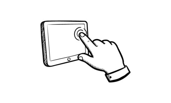 Hand tapping on tablet screen in sketch style drawing vector