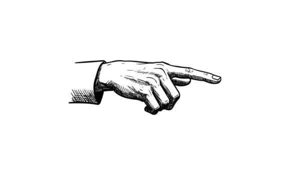 Black and white sketch of a pointing hand with finger extended vector