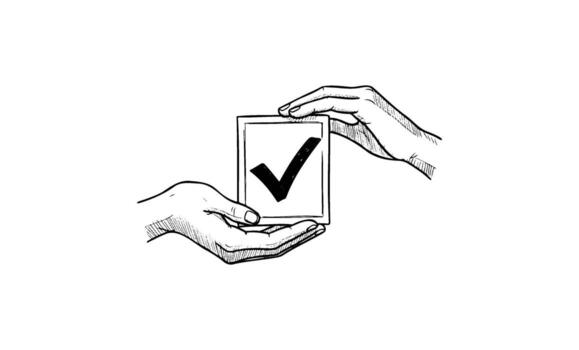 Two hands holding a check mark in a frame symbolizing approval and agreement vector