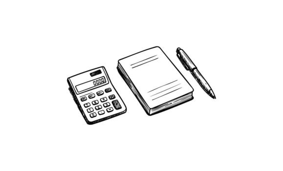 Black and white drawing of calculator, notebook, and pen for office use vector