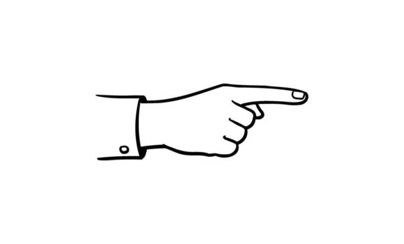 Black and white line drawing of hand pointing right with index finger vector