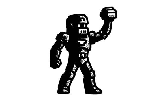 Monochrome stylized robot standing with raised fist in a retro design vector