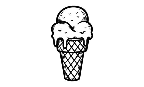 Hand-drawn ice cream cone with waffle cone and melting scoops vector
