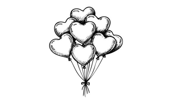Hand-drawn heart-shaped balloons cluster with tied strings vector