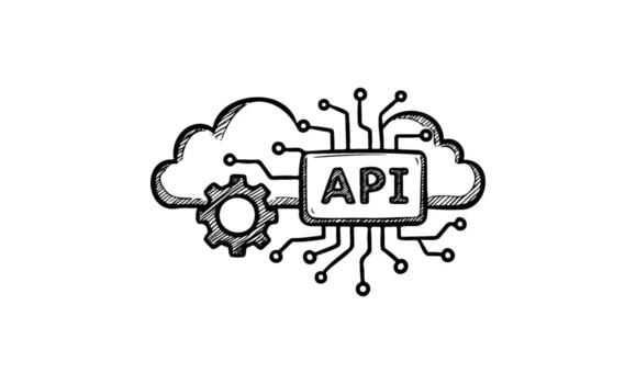Hand-drawn api cloud icon with circuitry and gear elements vector