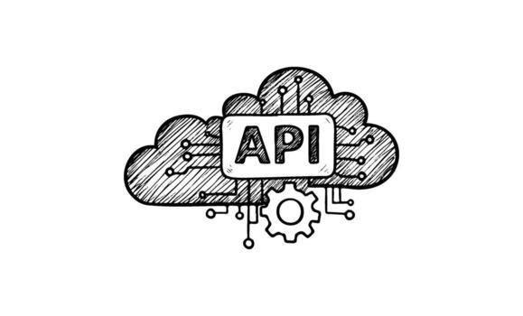 Hand-drawn cloud api concept with circuitry and gear symbol vector