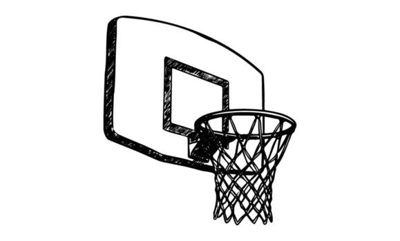 negro y blanco bosquejo de baloncesto aro y respaldo con red vector