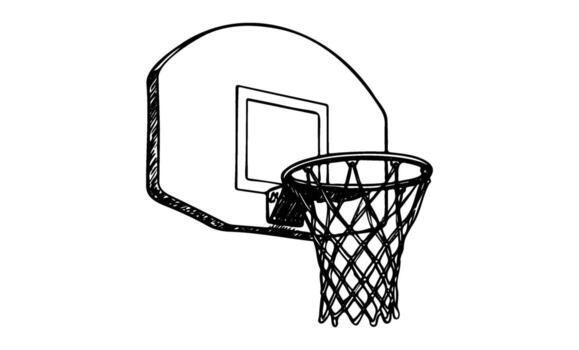 Outline sketch of a basketball hoop with net on backboard vector