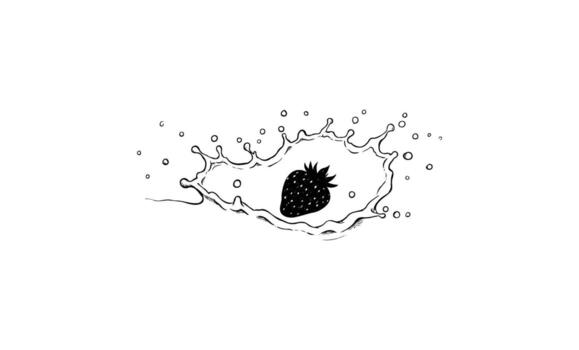 Ink drawing of strawberry splashing in water with dynamic motion vector