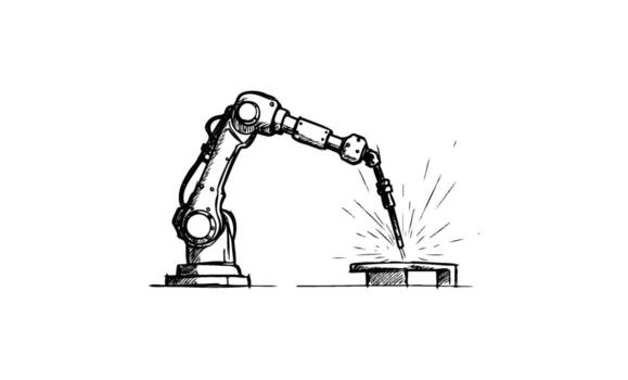 Robotic arm welding sketch with sparks in industrial setting vector