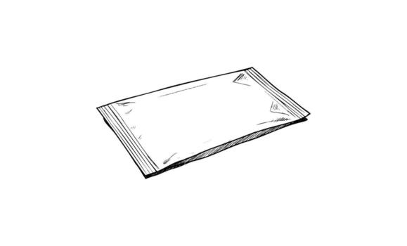 Black and white sketch of a rectangular sachet with triangular corners vector