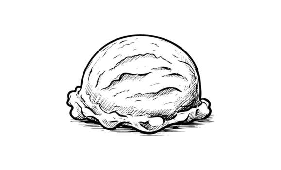 Black and white sketch of ice cream scoop with waffle cone base vector