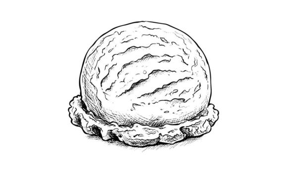 Detailed sketch of a single ice cream scoop on waffle cone base vector