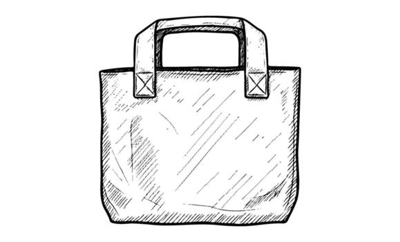 Hand-drawn sketch of reusable tote bag with stitched handles and textured surface vector