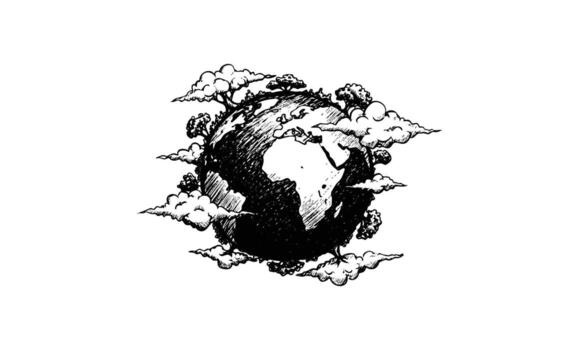 Sketch of earth with clouds surrounding continents in pen and ink style vector