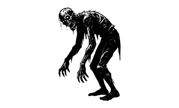 Silhouette of creepy grunge zombie with distorted features and tattered appearance vector