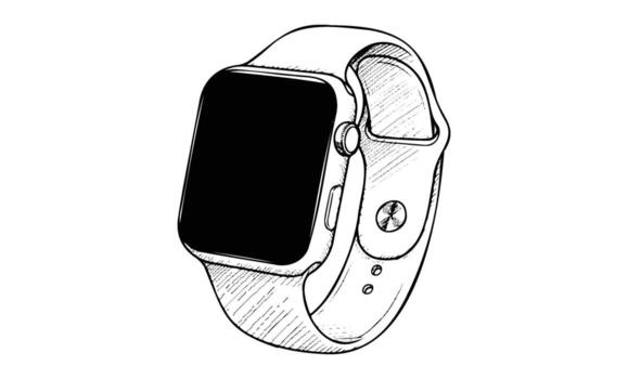 Smartwatch sketch featuring digital display and sleek band design in black and white vector