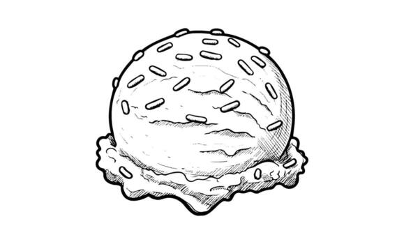 Sketch of a single ice cream scoop with sprinkles on a waffle cone vector