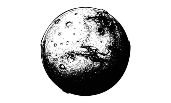 Intricate black and white etching of the moon with craters and shadows vector