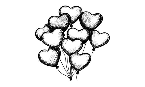 Sketch of heart-shaped balloons floating together in a cluster vector