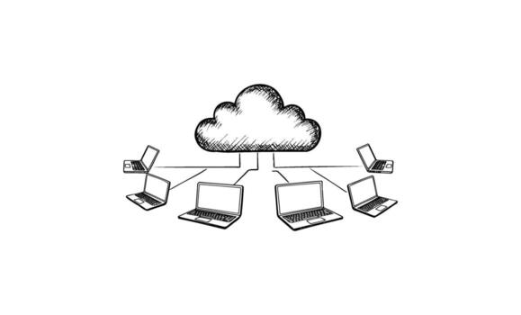 Cloud computing network diagram with connected laptops vector