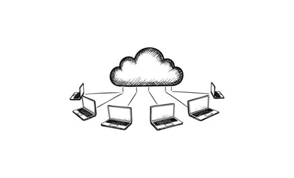Cloud networking concept with multiple connected laptops in diagram illustration vector