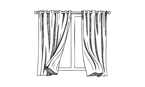 Elegant flowing curtains on classic window rod with open window view vector
