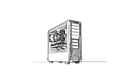 Sketch of custom built computer tower with components visible inside vector