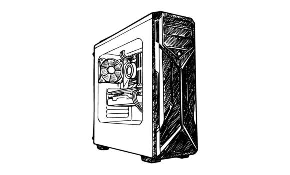 Black and white sketch of a computer case with fans and cables vector