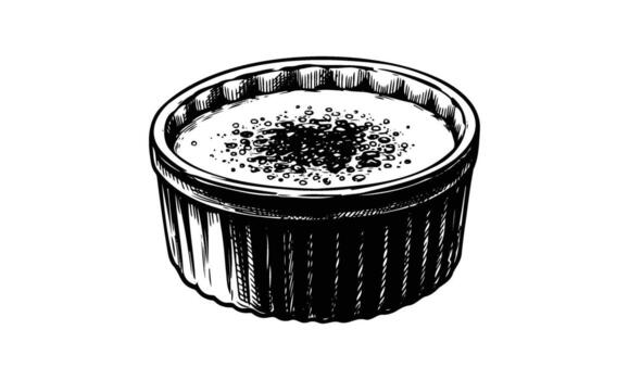 Black and white sketch of a fluted ramekin with granulated sugar topping vector