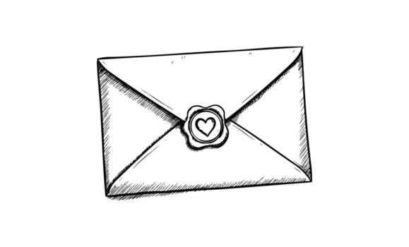 Hand-drawn envelope with heart wax seal design vector