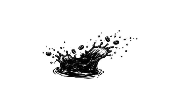 Black ink splash isolated on white background with dynamic droplets and ripples vector