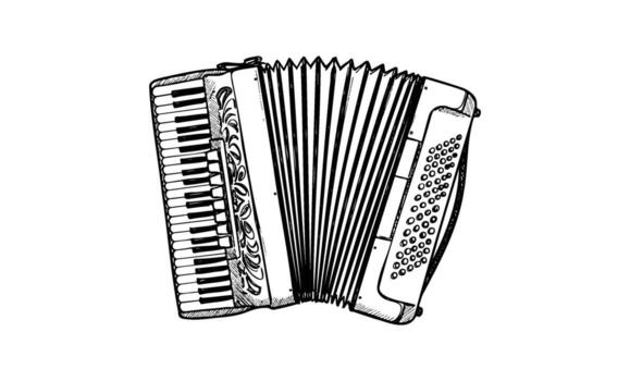 dibujado a mano negro y blanco acordeón bosquejo con detallado llaves y botones vector