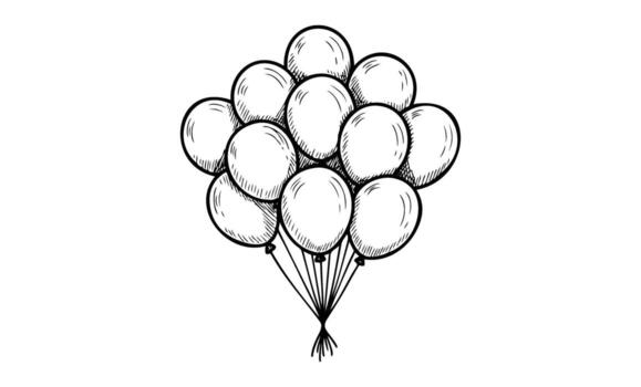 Black and white sketch of a cluster of balloons floating together vector