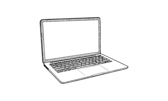 Monochrome sketch of open laptop with detailed keyboard and screen vector