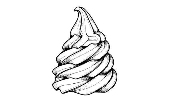 Hand-drawn black and white ice cream cone with swirling soft serve design vector