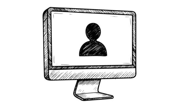 Hand-drawn computer monitor icon with user silhouette on screen vector