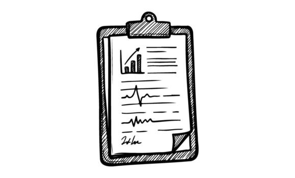 Hand-drawn business report on clipboard with graphs and charts vector