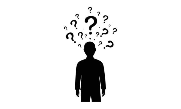 Silhouette of a person surrounded by question marks symbolizing confusion and curiosity vector