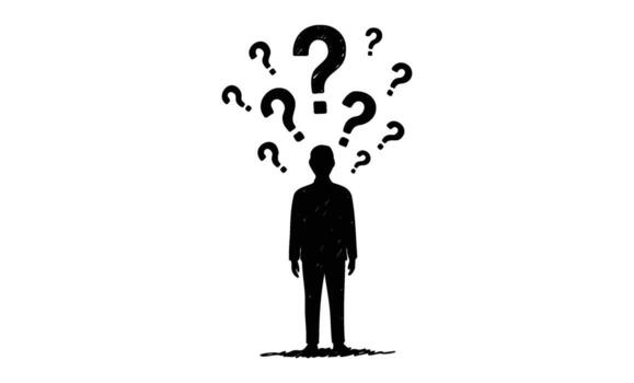Silhouette of a person surrounded by question marks reflecting uncertainty vector