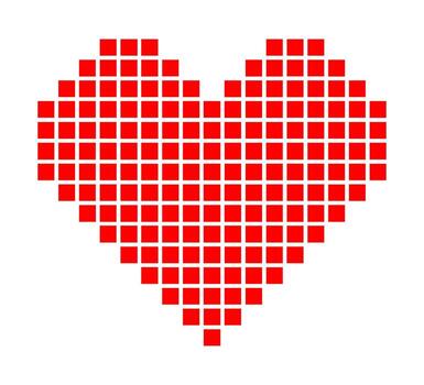 Pixel art heart rendered in retro 8-bit style. Red square pixel heart shape isolated on white background. Simple and cute design capturing nostalgic game aesthetics. Perfect illustration vector