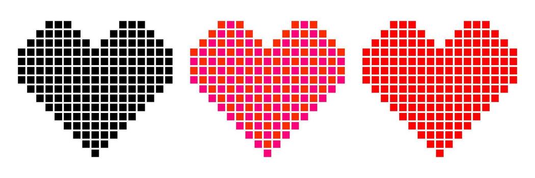 Colorful pixel hearts in 8-bit retro style. illustration featuring black, pink, and red pixel art hearts isolated on white background. Minimal and geometric design icons and interface buttons vector
