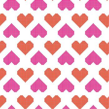 retro años 80, 90s sin costura píxel corazón modelo con naranja y rosado corazones. diseño en 8 poco nostálgico estilo, ideal para antecedentes, huellas dactilares, digital arte, y textil patrones. vector