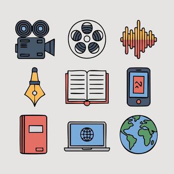 Vibrant collection of media, education, and technology icons, perfect for content creation, digital learning, and communication concepts in a clean, modern illustrative style vector