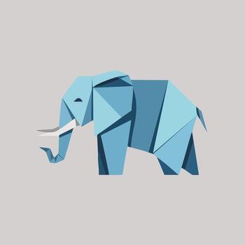 A minimalist geometric blue origami elephant in profile on a plain gray background, representing elegance and simplicity vector
